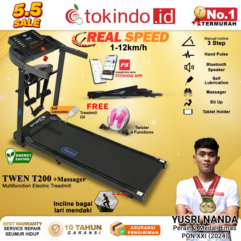 TWEN T200WA new Alat Olahraga Treadmill Listrik Portabel Multifungsi Lipat dengan Daya Rendah T200 n