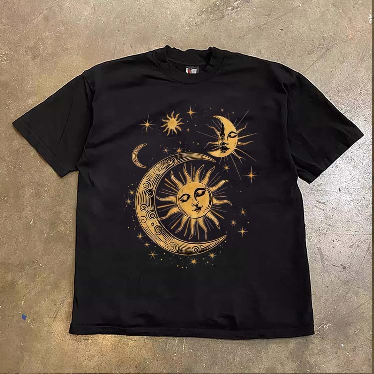 JJ.STORE Kaos Oversize Aesthetic Boho Matahari & Bulan Lengan pendek baju atasan wanita terbaru keki