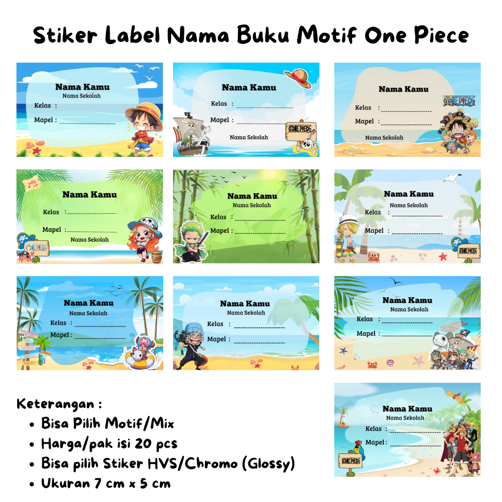 Stiker Label Nama/Stiker Buku Pelajaran Karakter Anime One Piece