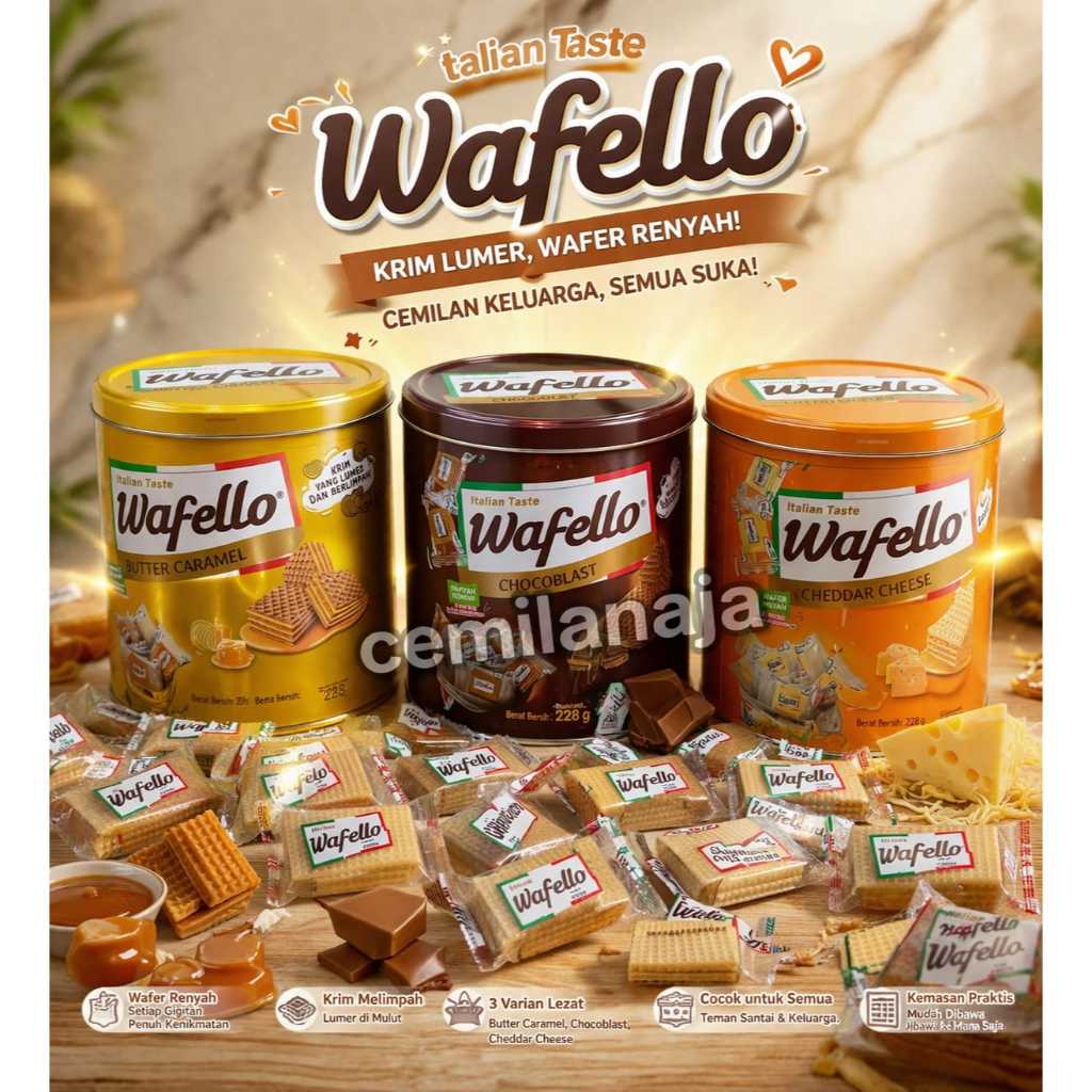 ROMA WAFELLO KALENG 234 GRAM / WAFER COKLAT CARAMEL KUE LEBARAN MURAH PARCEL IDUL FITRI