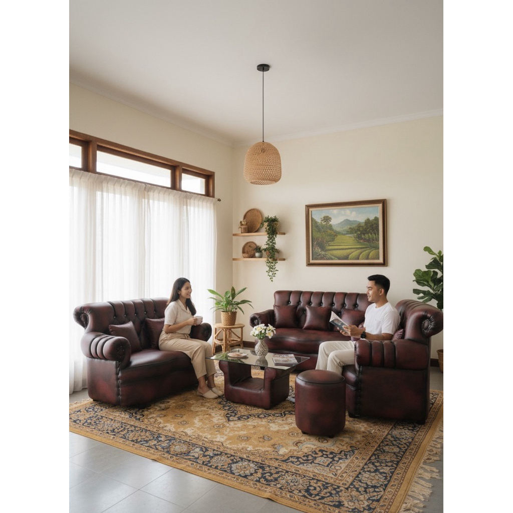 Sofa Tamu Jaguar Mini 321 Merah Maroon + Meja + Stool