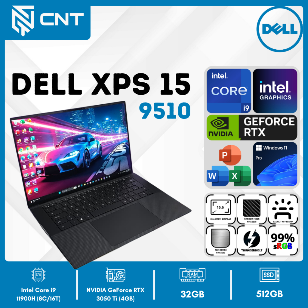 Dell XPS 15 9510 Intel Core i9-11900H NVIDIA RTX 3050 Ti (32/512GB) Laptop Workstation Kelas Berat