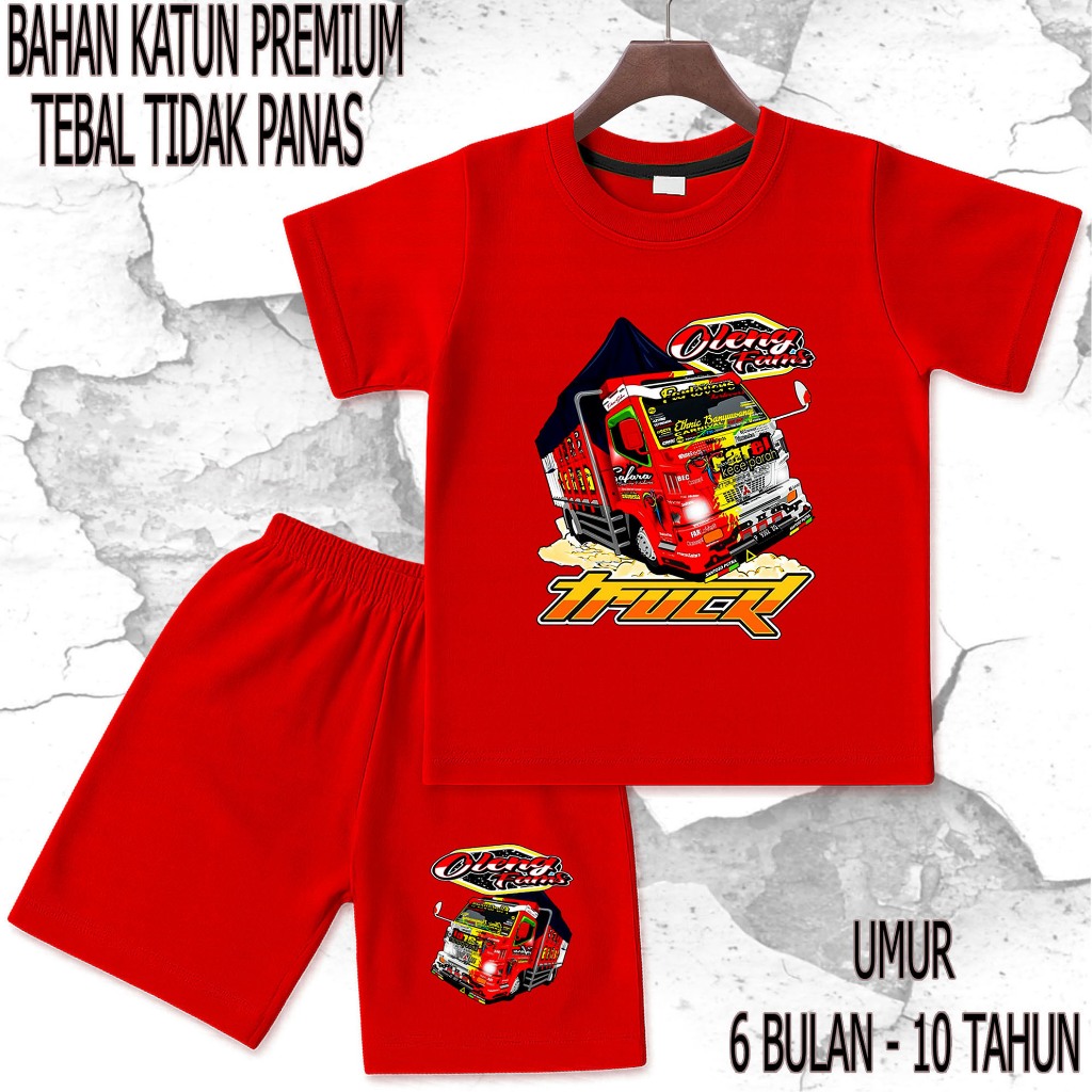 setelan baju anak - anak mobil truck oleng 3 umur/tahun 6 bulan - 10 tahun bahan katun premium sablo