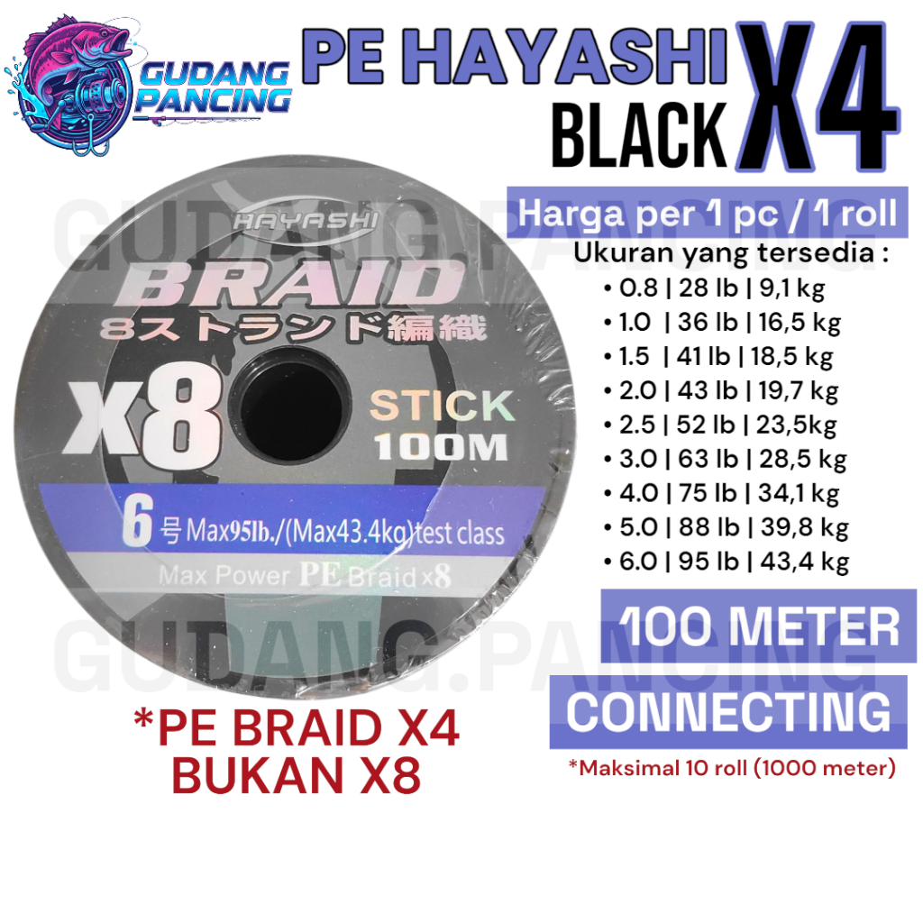Benang Pancing HAYASHI PE Line X4 Braided Black Hitam Panjang 100 meter Connecting Sampai 1000 meter