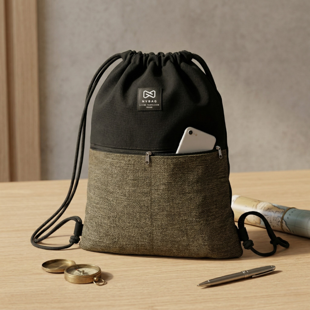 Tas Serut Unik Canvas x Goni - String Bag Etnik Modern Lapisan Furing & Zipper - Gymsack Pria Wanita