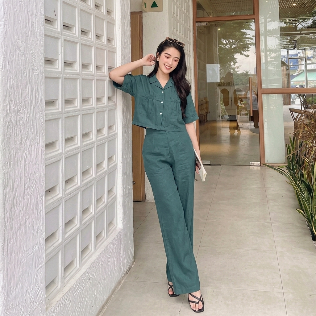 Setelan Wanita Korea Crop Shirt Celana Panjang Outfit Santai Stylish - Baju Wanita Premium