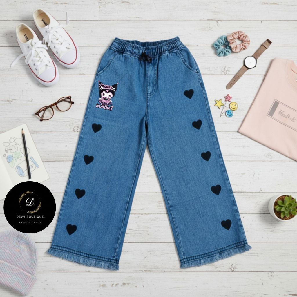 Produksi Sendiri Celana Kulot Anak Sablon Labubu & Kuromi Remaja Motif Love dengan Bahan semi Jeans 