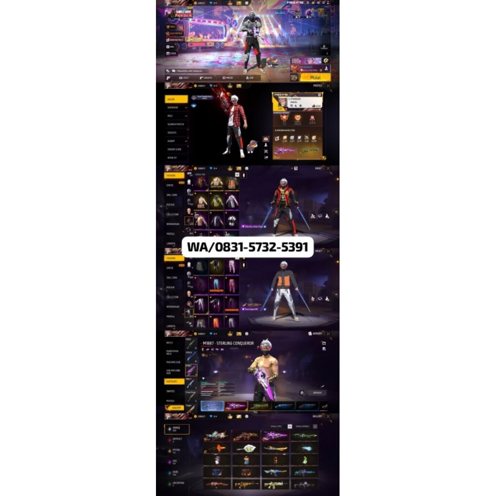 AKUN FF SULTAN-LEVEL TINGGI, SKIN LENGKAP READY AKUN FF MURAH-BAGUS FULL SKIN