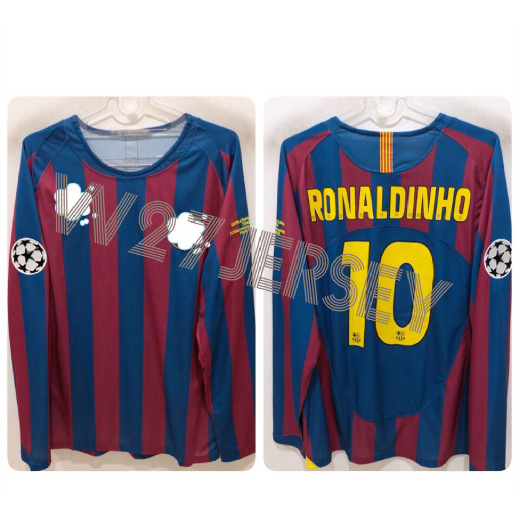 JERSEY RETRO - BARCELONA HOME LONGSLEEVE FINAL PARIS 2006 name player Ronaldinho + Patch UCL