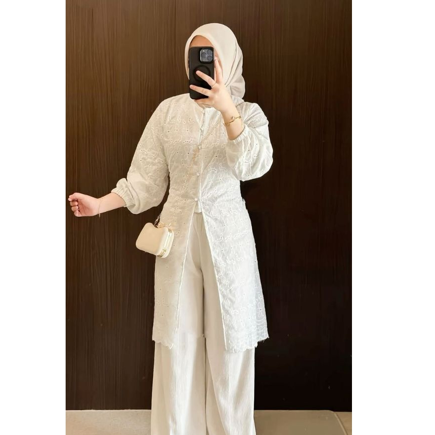 Tunik Wanita Katun Bordir Cotton Bolong Premium Atasan Chakira Putih Tunic Kondangan Elegan