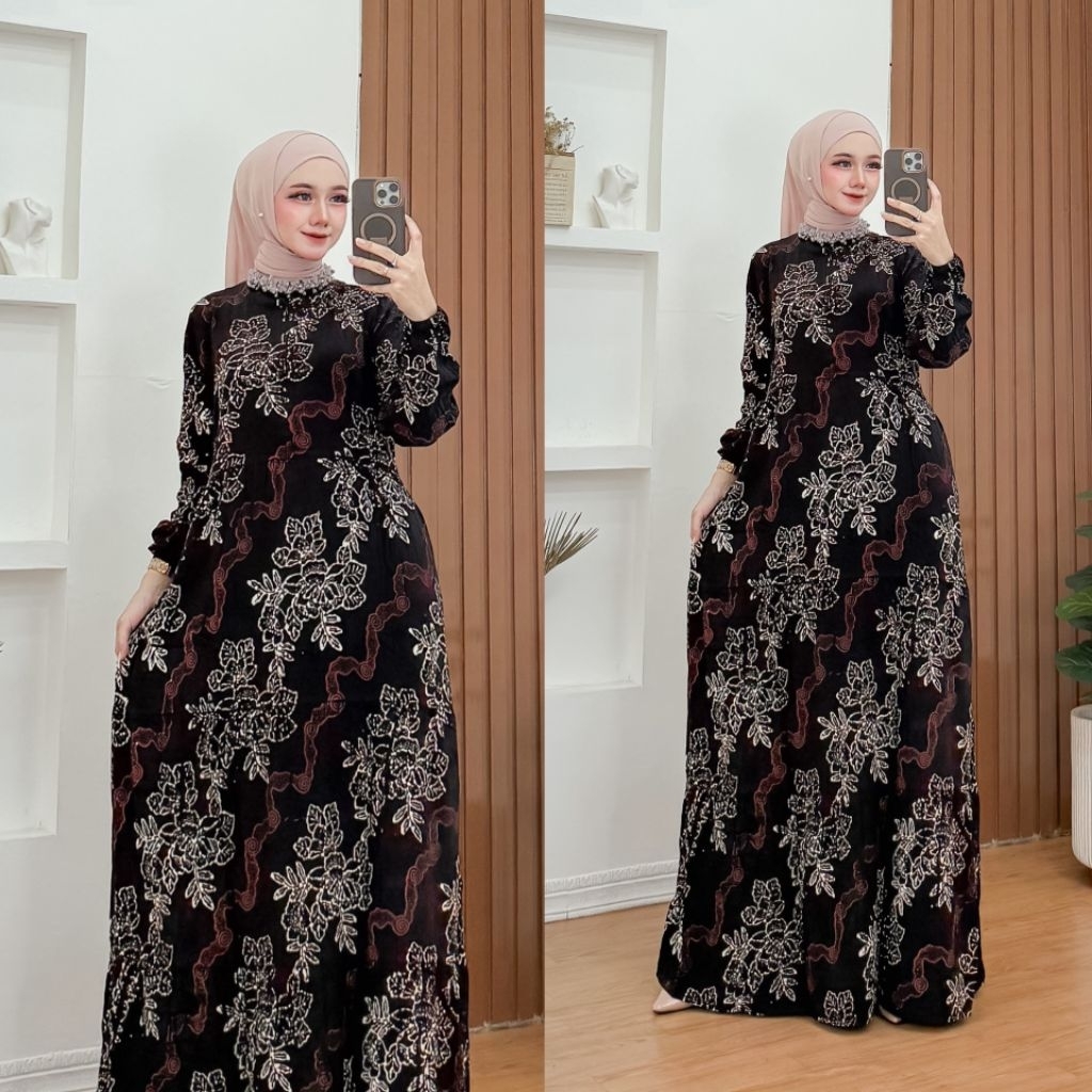 Gamis muslim batik cap model ruffle lengan panjang gaun muslim batik cap premium dress rayon muslim 