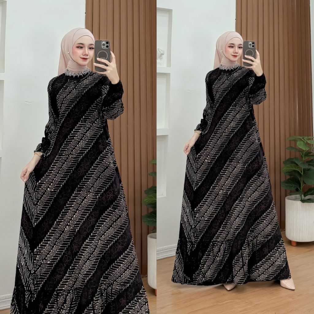 Gamis muslim batik cap model ruffle lengan panjang gaun muslim batik cap premium dress rayon muslim 
