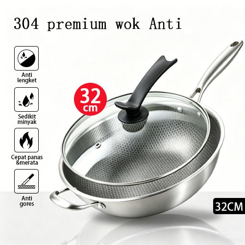 Wajan Honeycomb 32cm Penggorengan Stainless Steel 304 Premium Wok Anti-Lengket Anti-Gores CH-4515