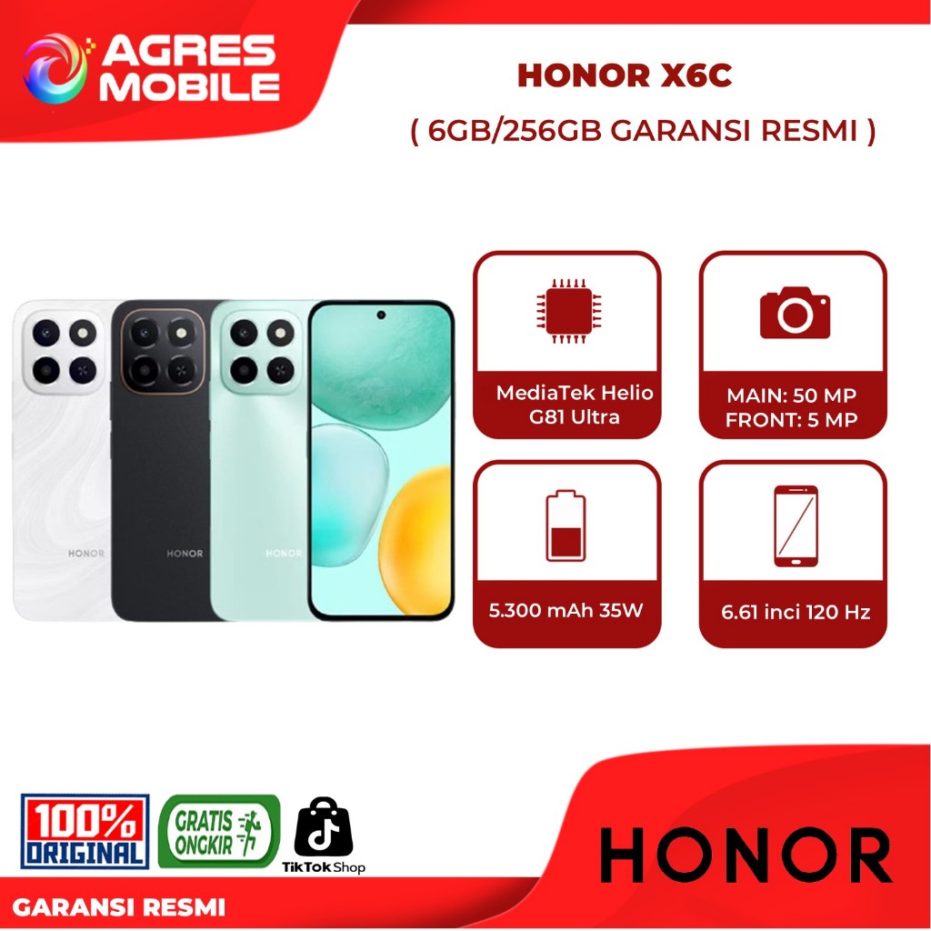 Honor X6C 6/256GB - MediaTek Helio G81 Ultra - NFC - 5300mAh 35W - Garansi Resmi Honor Indonesia
