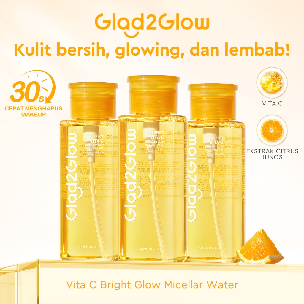 GLAD2GLOW PERFECT VITA C BRIGHT GLOW MICELLAR WATER 300ml Pembersih Wajah Make Up Remover Cleansing 