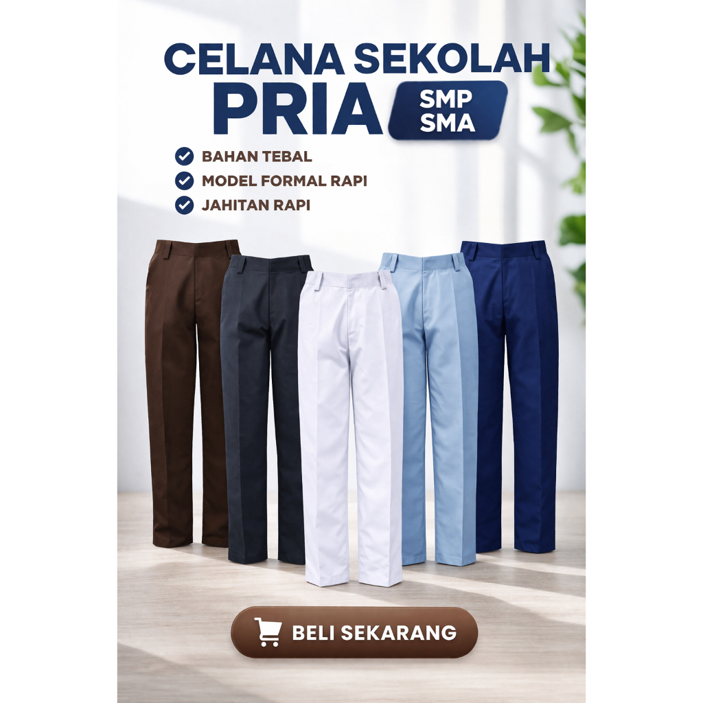 Celana Seragam Sekolah Pria SMP SMA Bahan Tebal Premium - Hitam / Abu / Biru / Putih / Coklat