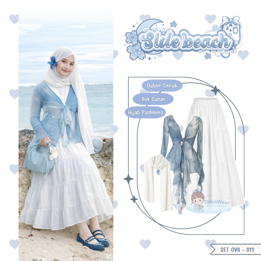 orivawear - 3 in 1 Setelan Outfit Pantai Outer Wanita Terbaru (Outer Ceruk + Rok Susun Putih + Hijab