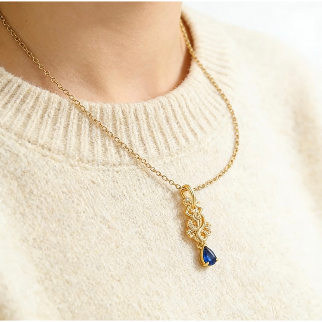 Kalung Liontin Batu Biru Vintage, Kalung Emas Mewah untuk Wanita
