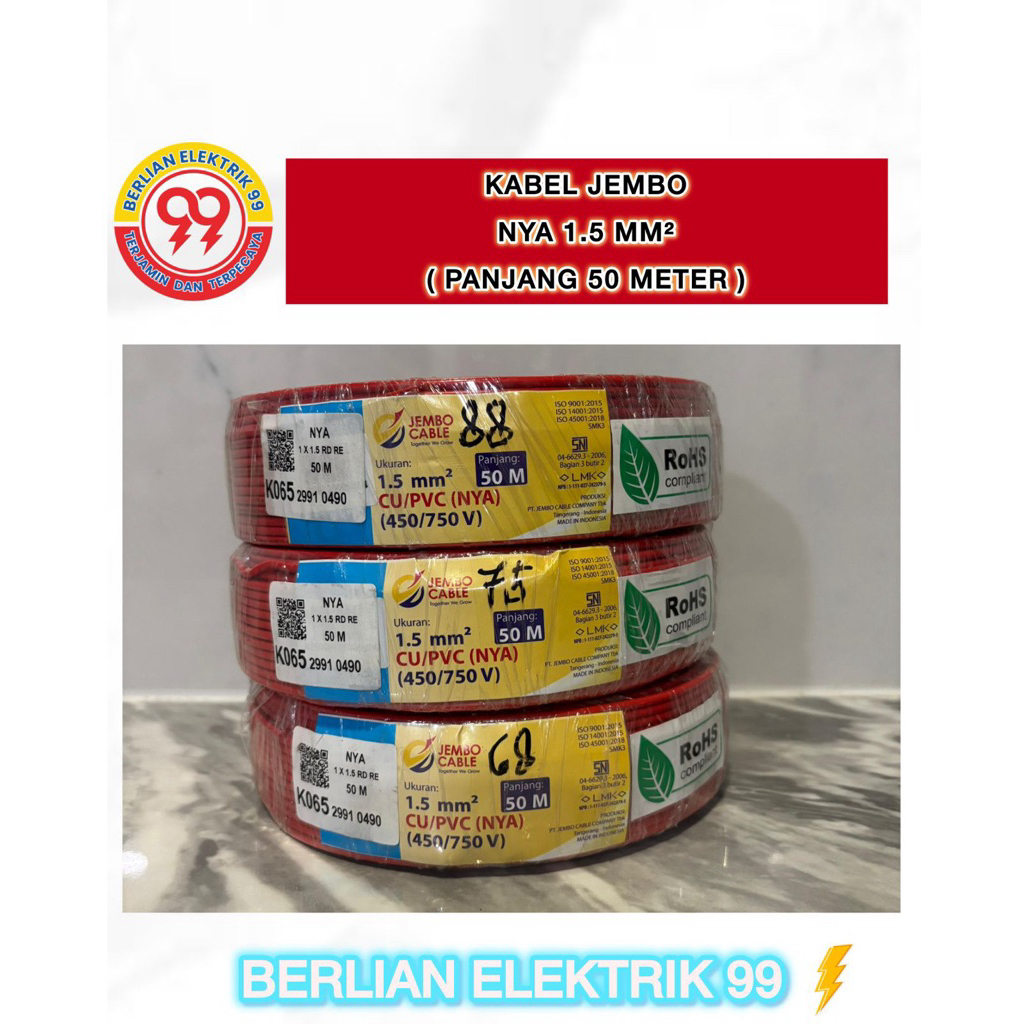 Kabel Jembo NYA 1x1,5mm 1roll 50meter warna merah