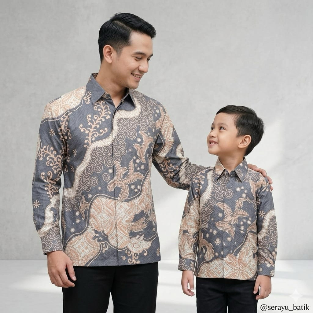 Terbaru Batik Couple Ayah Dan Anak Warna Abu Cream Batik Katun Solo Premium Lengan Panjang Solo 40s 