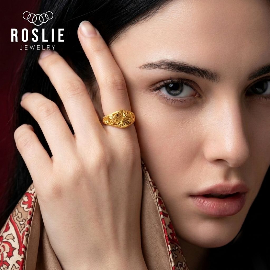 Cincin Dubai Ukir Clover Bold Gold (One Size / All Size) Tidak Mudah Karat - Roslie Jewelry