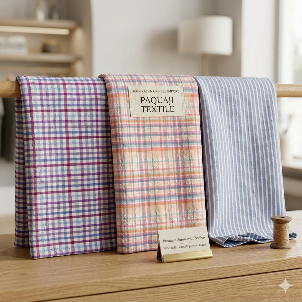 Bahan kain katun crinkle import motif kotak kota salur/katun crinkle meteran termurah(harga tertera 