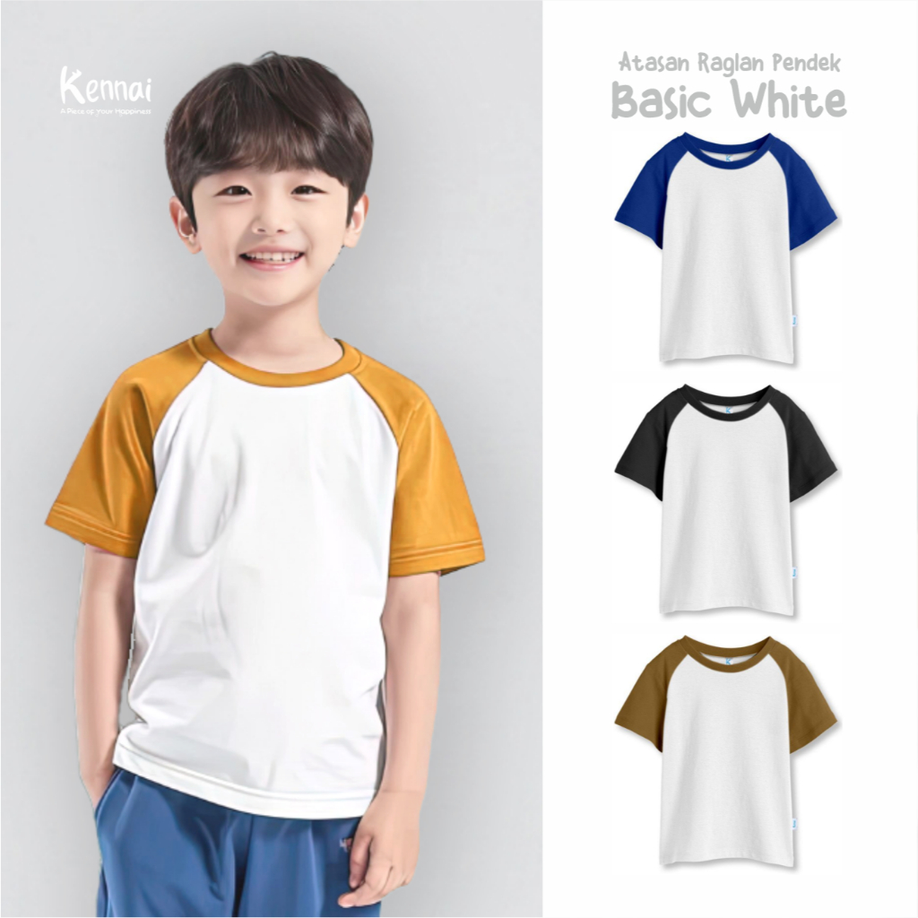 Kennai Kaos Atasan Anak Raglan Lengan Pendek Baju Anak Laki Laki Perempuan Basic White Polos