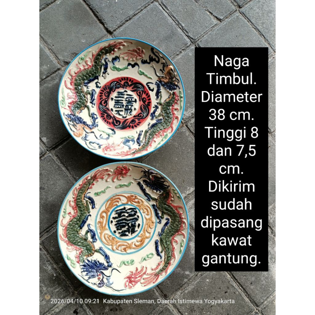Diameter 38 cm 2 buah piring keramik lukis motif naga timbul untuk dekorasi hiasan dinding