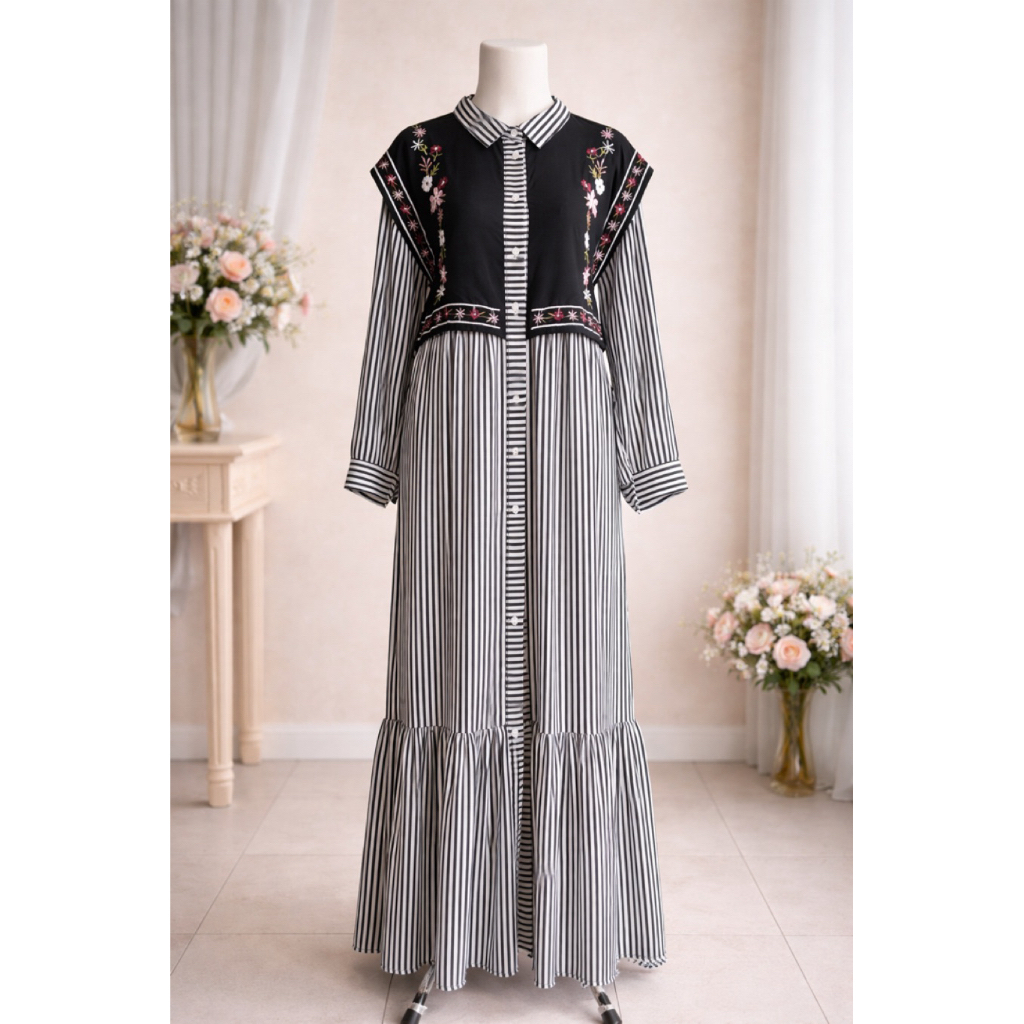 Gamis Wanita Hitam Putih Motif Garis Kombinasi Bordir | Dress Muslimah Elegan