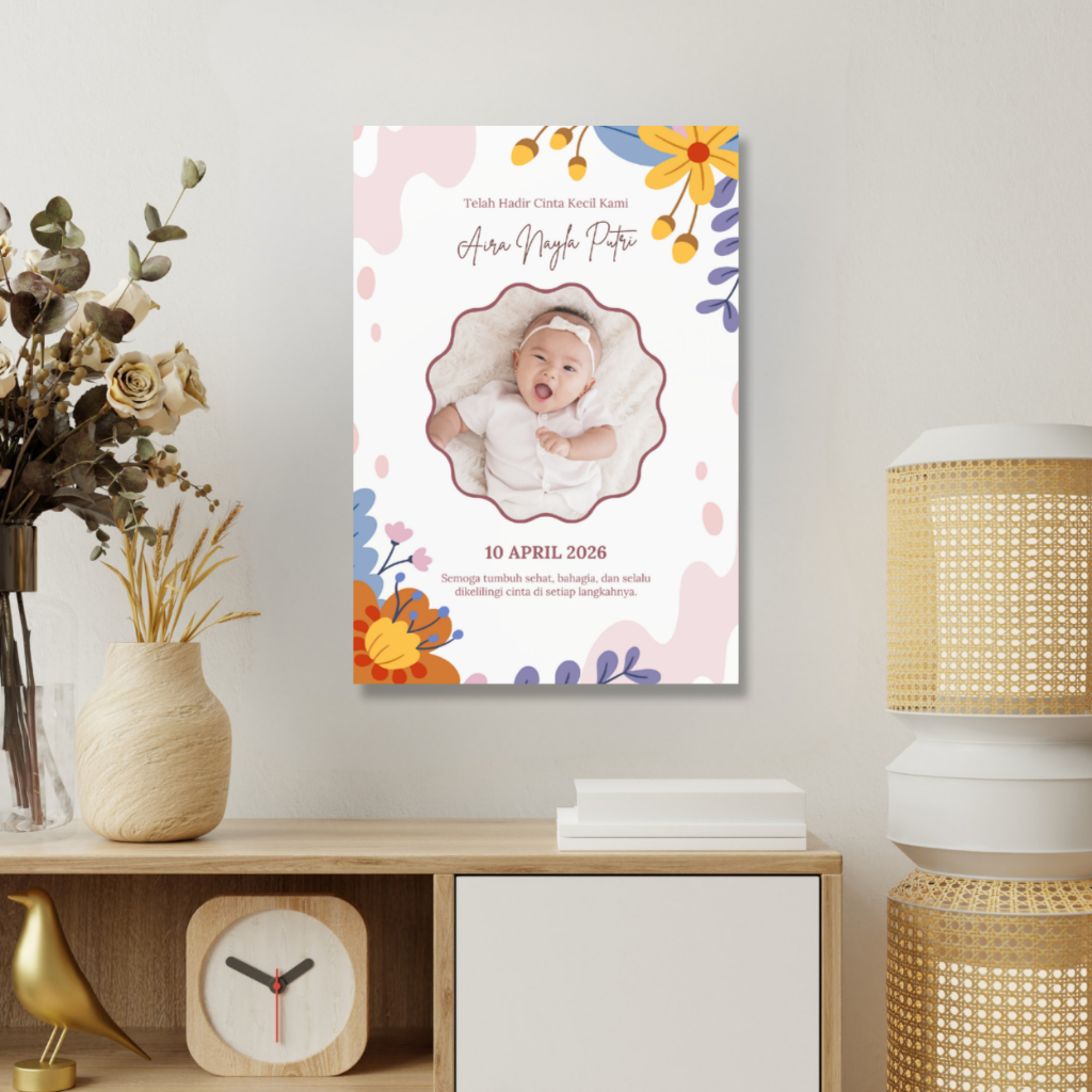 Poster Cetak Biodata Bayi Custom Nama & Foto Aesthetic | MDF 20x30 cm Premium | Kado Kelahiran Baby 