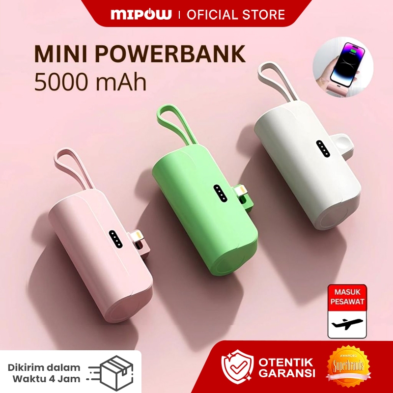Mipow Powerbank 5000 mAh Fast Charging Mini Power Bank Kapsul Iphone Type C Dengan Kabel Date LED Di