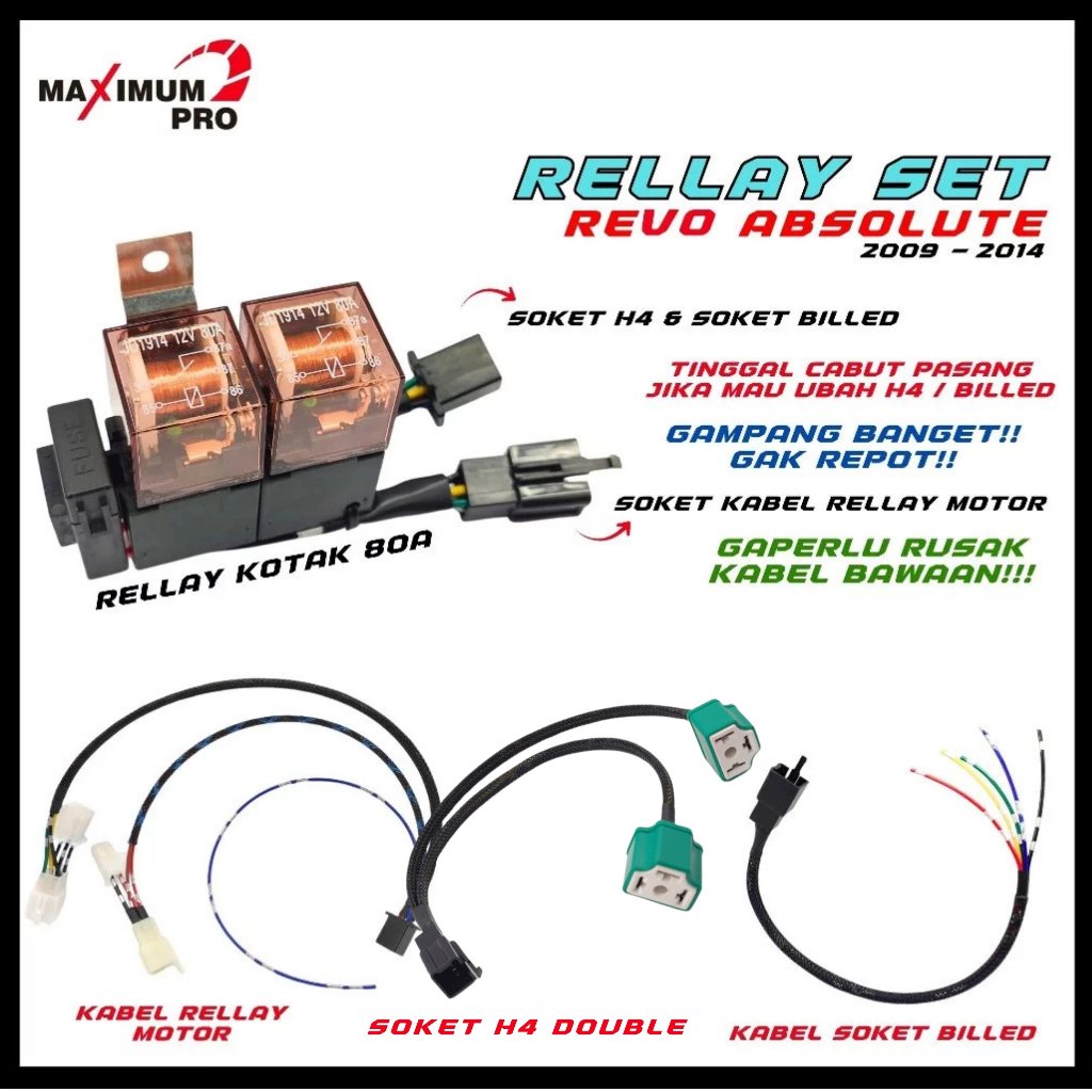 PREMIUM KABEL RELAY LAMPU SET REVO ABSOLUTE 2009-2014 80A HID SOKET BILED LED H4 MOTOR SOCKET RELLAY