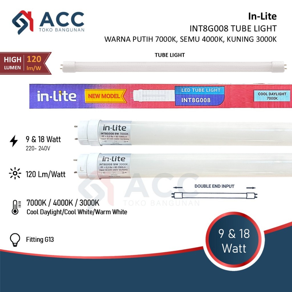 INLITE INT8G008 LED TL T8 LAMPU T8 TUBE LIGHT 9W 18W PUTIH KUNING