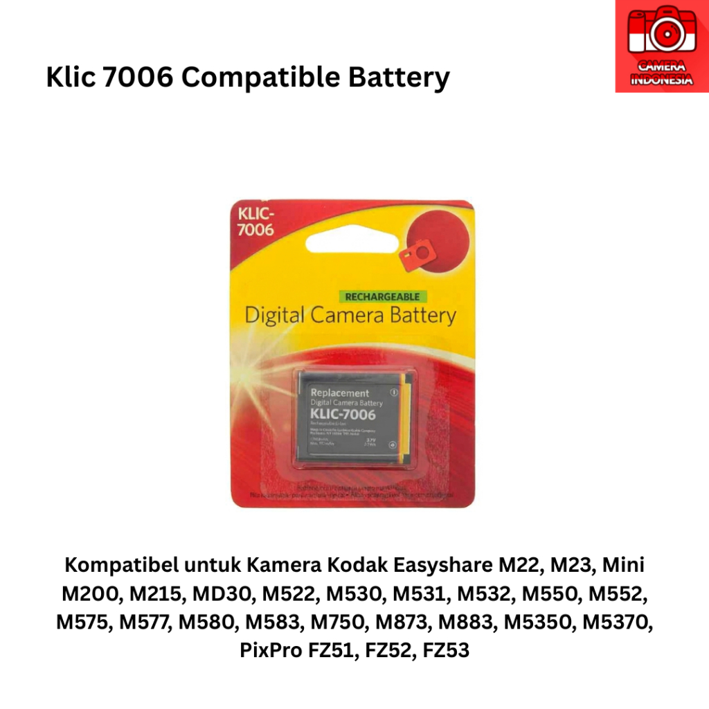Baterai Klic 7006 Kompatibel untuk Kamera Kodak Easyshare M22, M23, Mini M200, M215, MD30, M522, M53