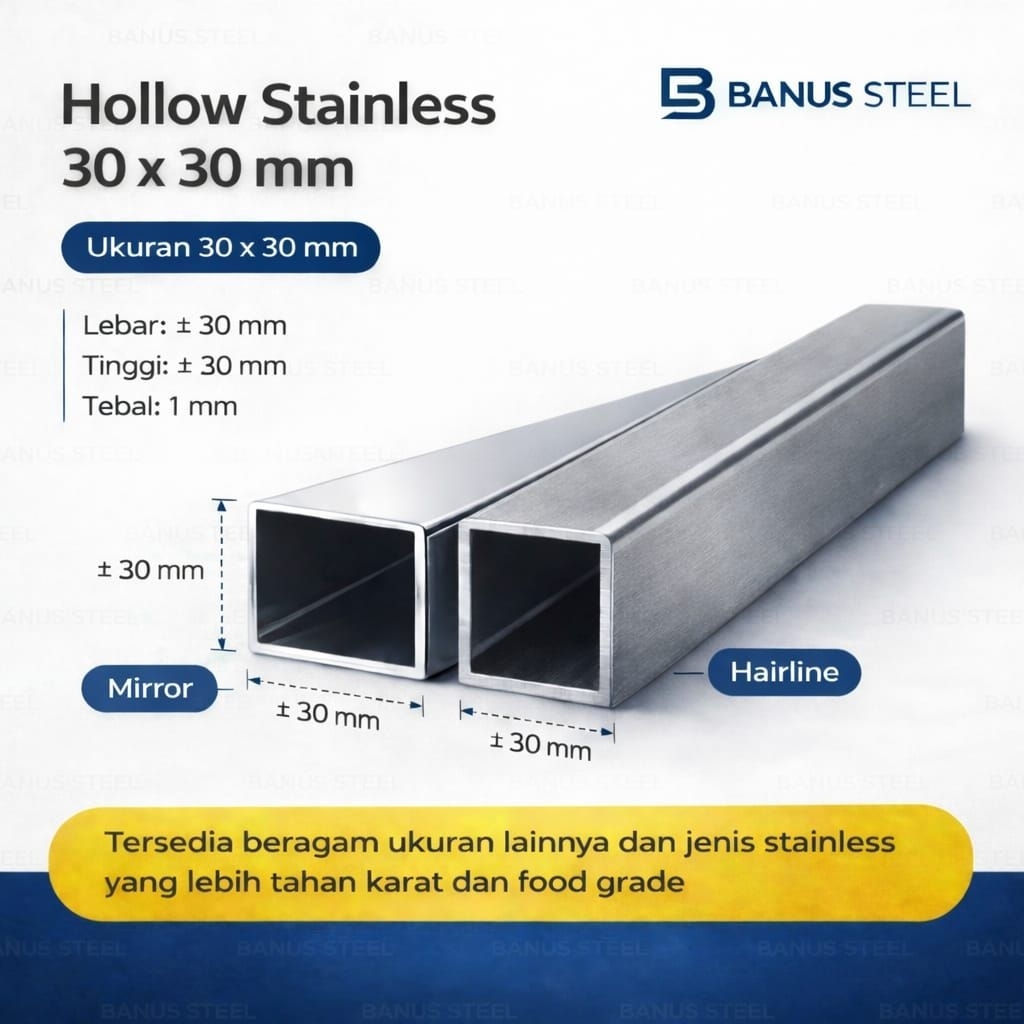 Pipa Kotak Stainless 30x30x1 mm Panjang 1 Meter Hollow 3x3 cm Bahan 201