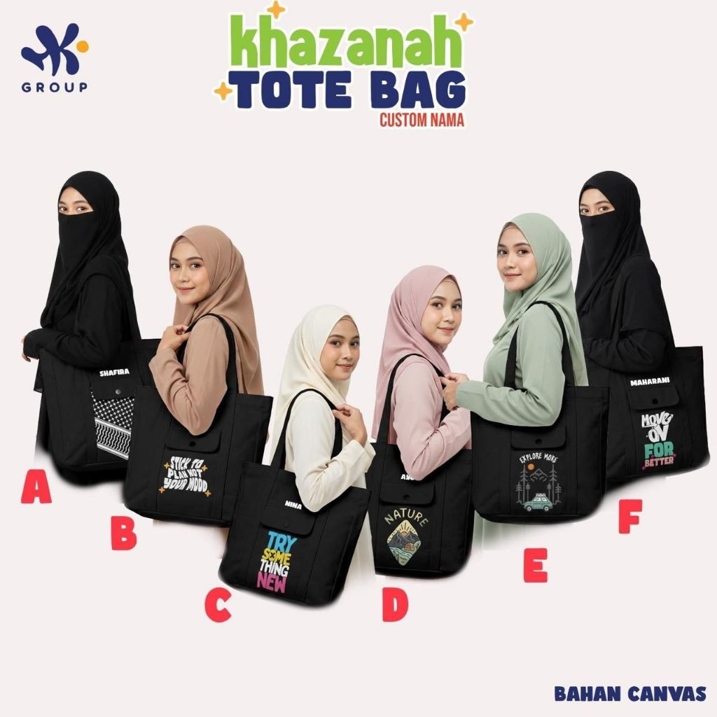 Po‼️ Hk Group Khazanah Tote bag Custom Nama Anak Remaja Motif Lucu Premium /Terbatas