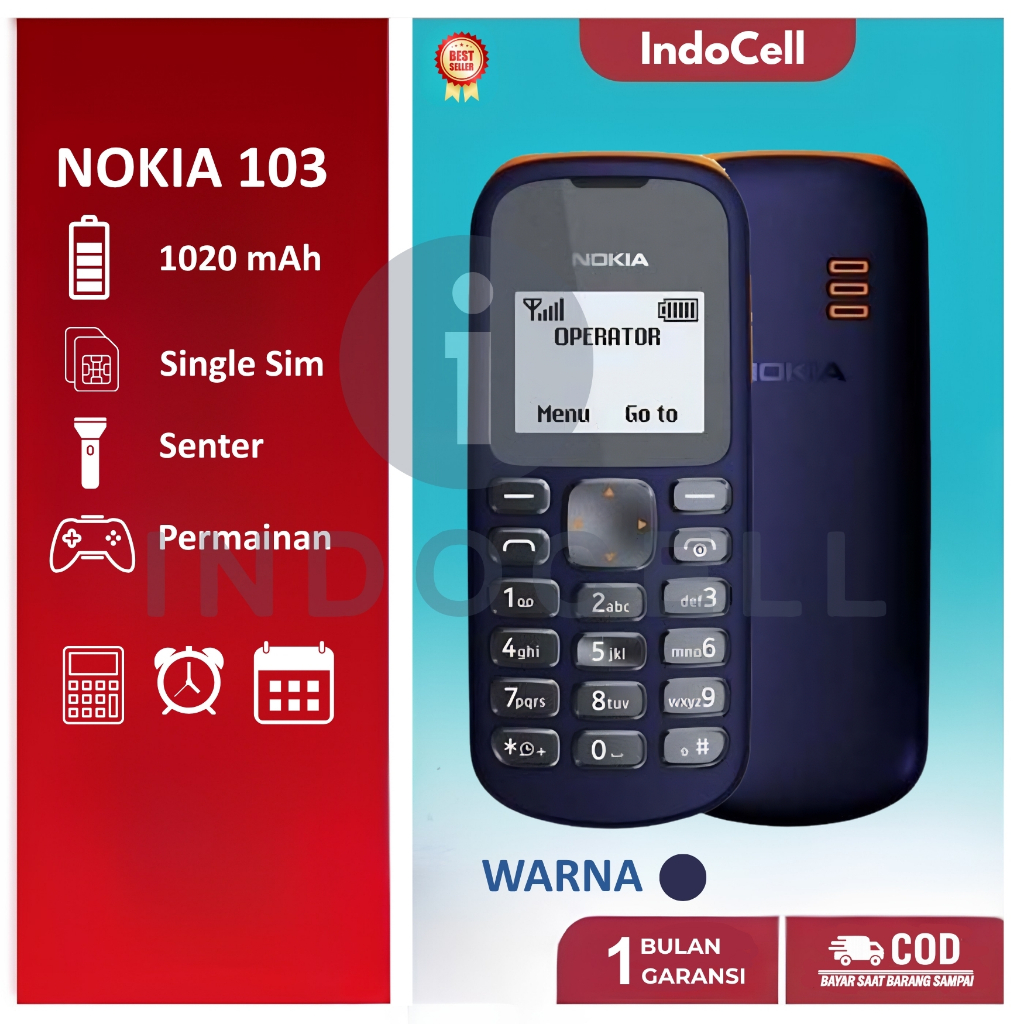 HP Nokia 103 Jadul - Desain Klasik, Baterai Tahan Lama, Senter LED