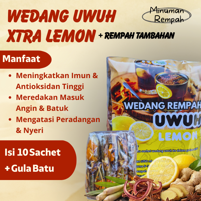 Wedang Uwuh Xtra Lemon Komplit Gula Batu Isi 10 Sachet Minuman Rempah Tradisional Jahe Sereh Secang 