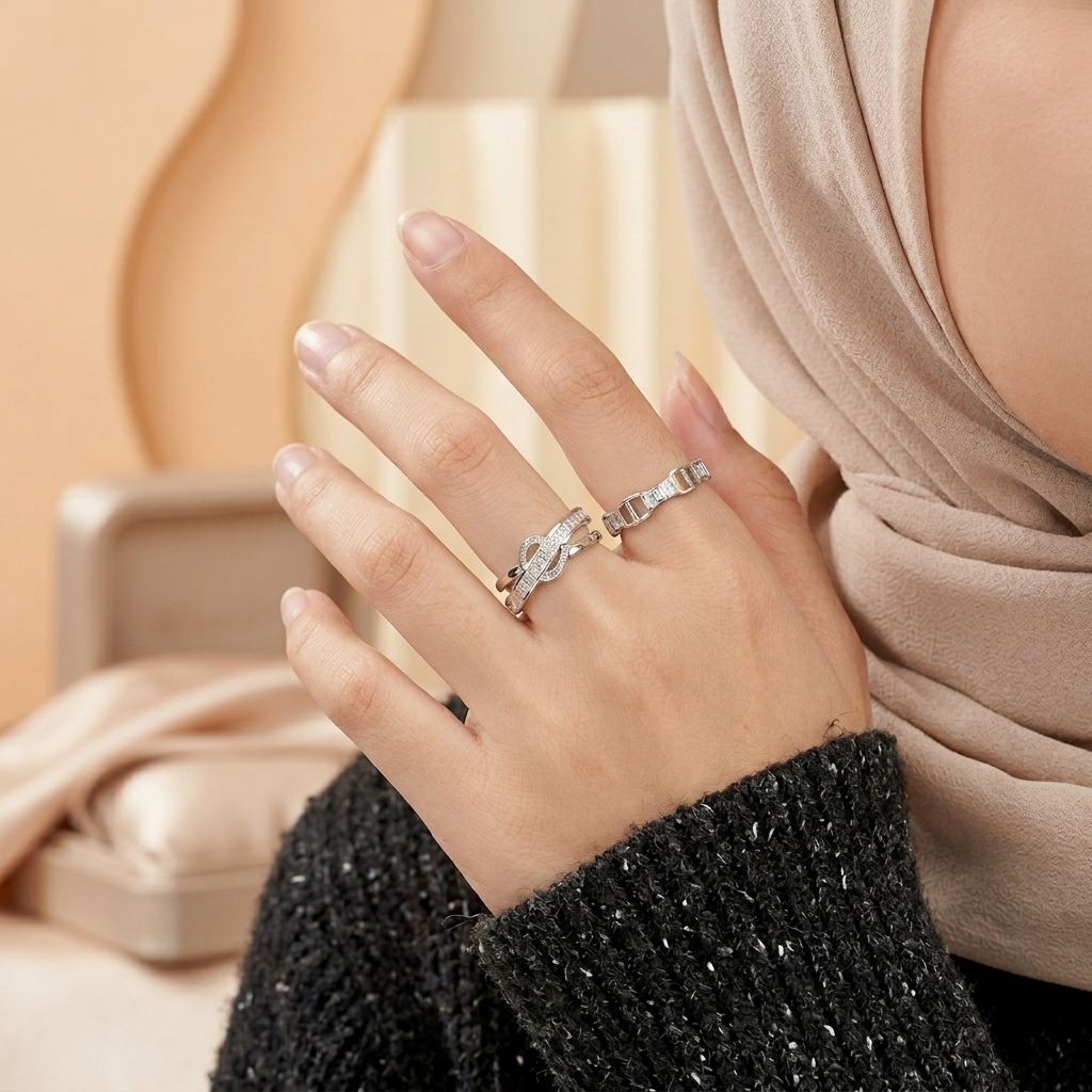 Cincin Couple Zircon Adjustable | Ring Aesthetic Elegant Silver | Cincin Pasangan Korea CN-220