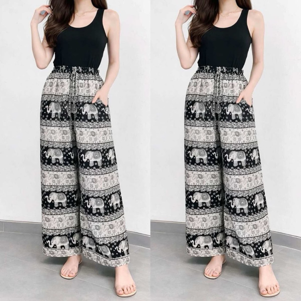 Celana Kulot Gajah Thailand Hitam Putih - Celana Kulot Rayon Motif Gajah - Celana Rayon