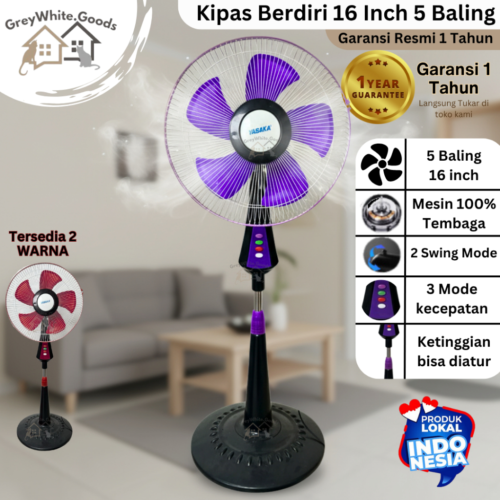 Kipas Angin Berdiri 16 Inch 5 Baling Hemat Daya Angin Kencang