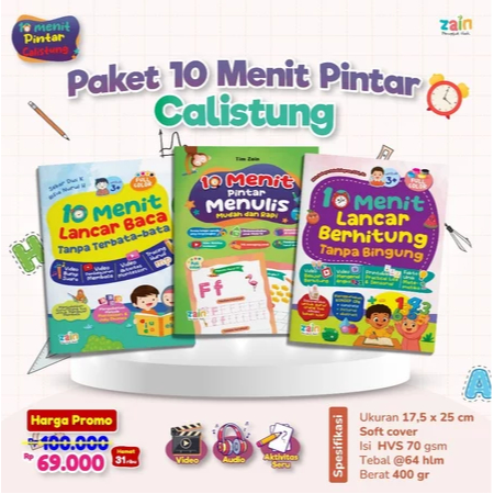 ZAIN - (ISI 3 BUKU) Paket 10 Menit CALISTUNG Belajar Baca Tulis Hitung tanpa Bingung
