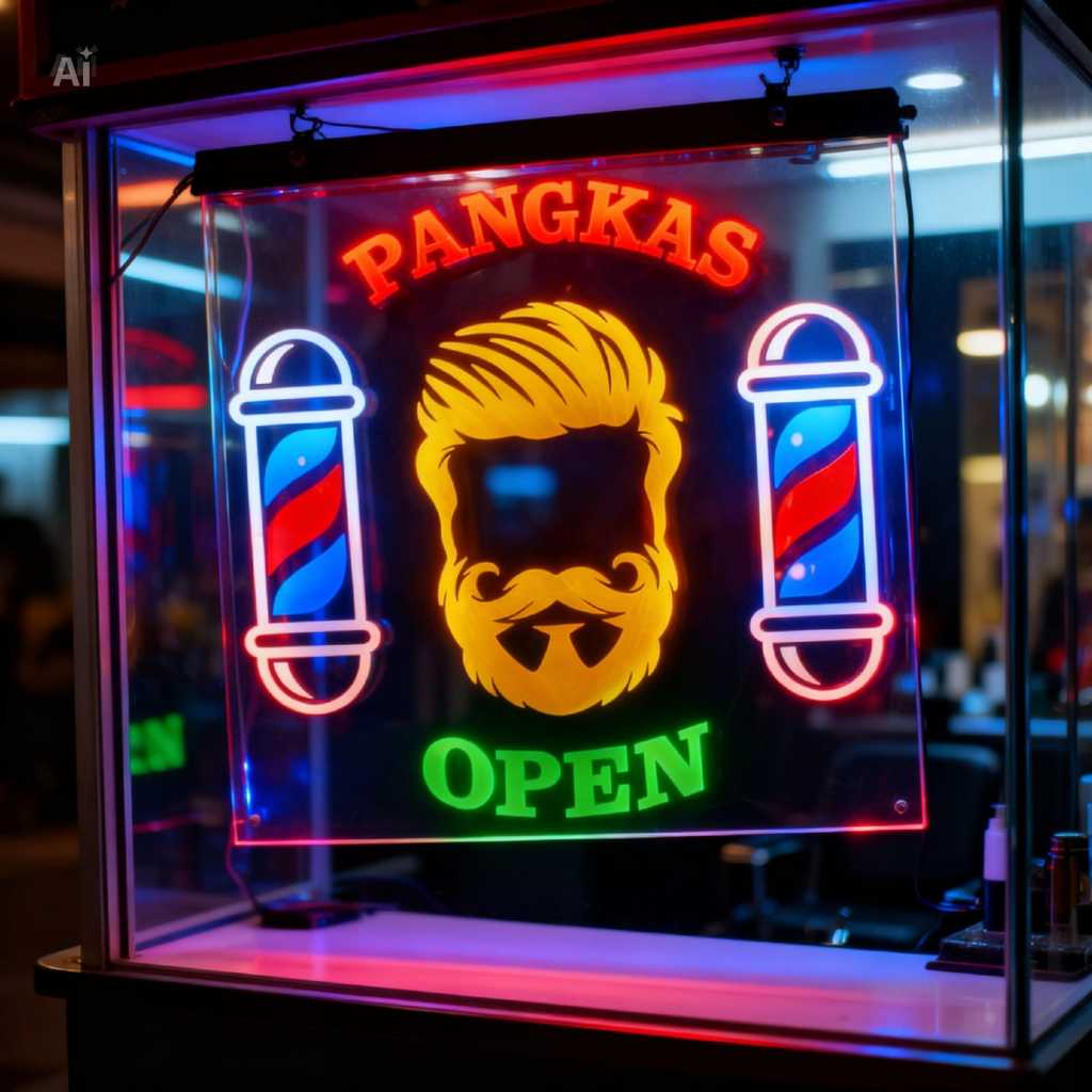 lampu PANGKAS OPEN barbershop bahan akrilik cocok gantung di kaca dan tembok dimensi 25x25 cm