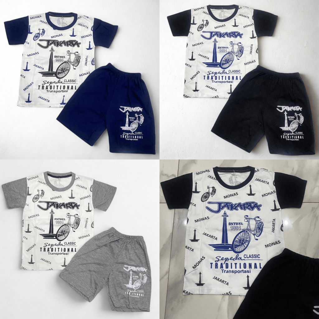 Setelan Baju anak oleh oleh jakarta motif monas dan onthel / Baju Setelan Unisex Anak-Anak / Anak La