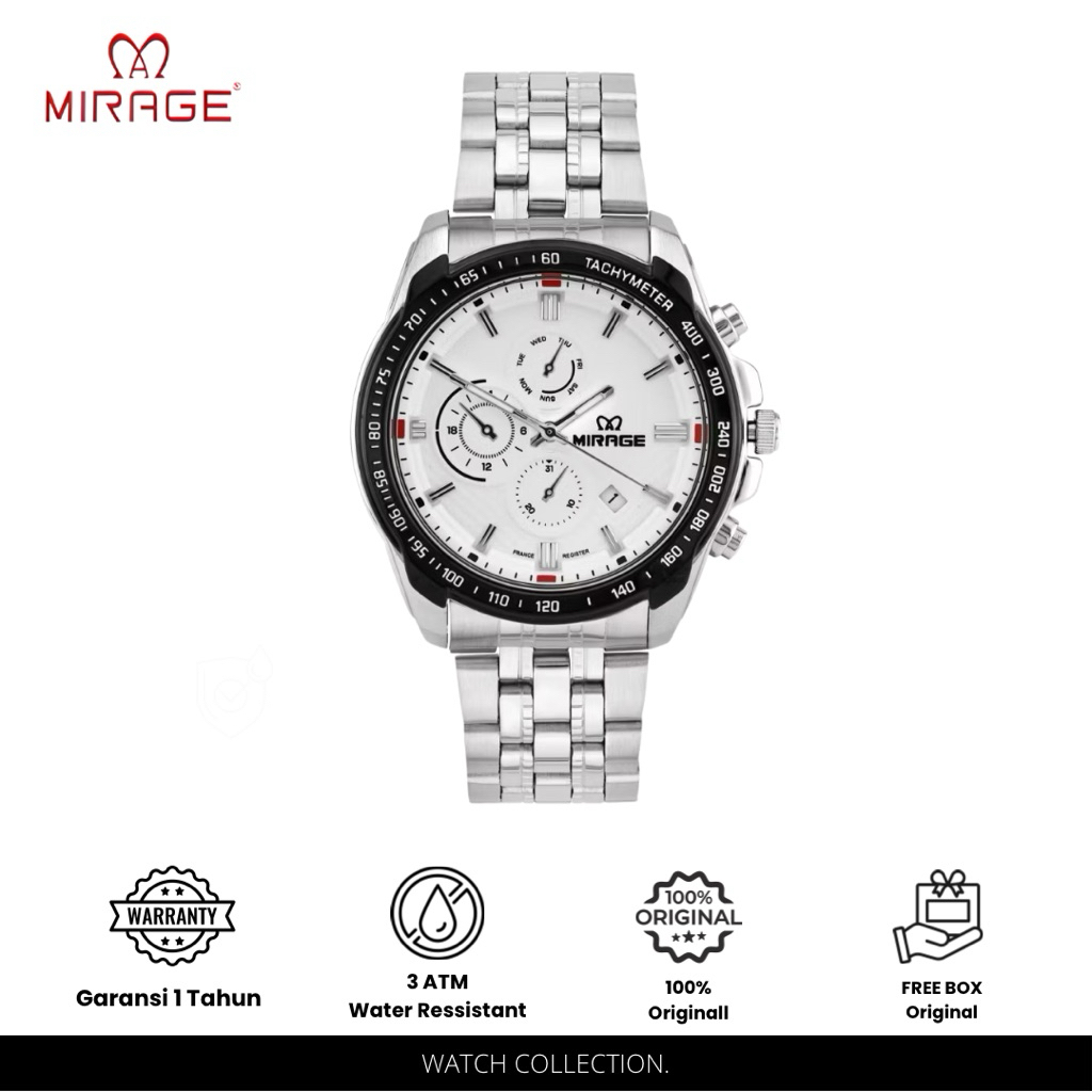 Mirage Jam Tangan Pria Sporty Analog Chrono Formal Anti Air Silver 8535 / 8883 M - Garansi 1 Tahun O