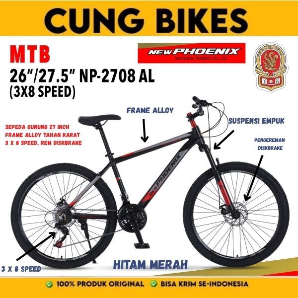 Sepeda Gunung MTB Phoenix 2708 Frame Alloy Ukuran 27,5 Inch Disc Brake depan Belakang