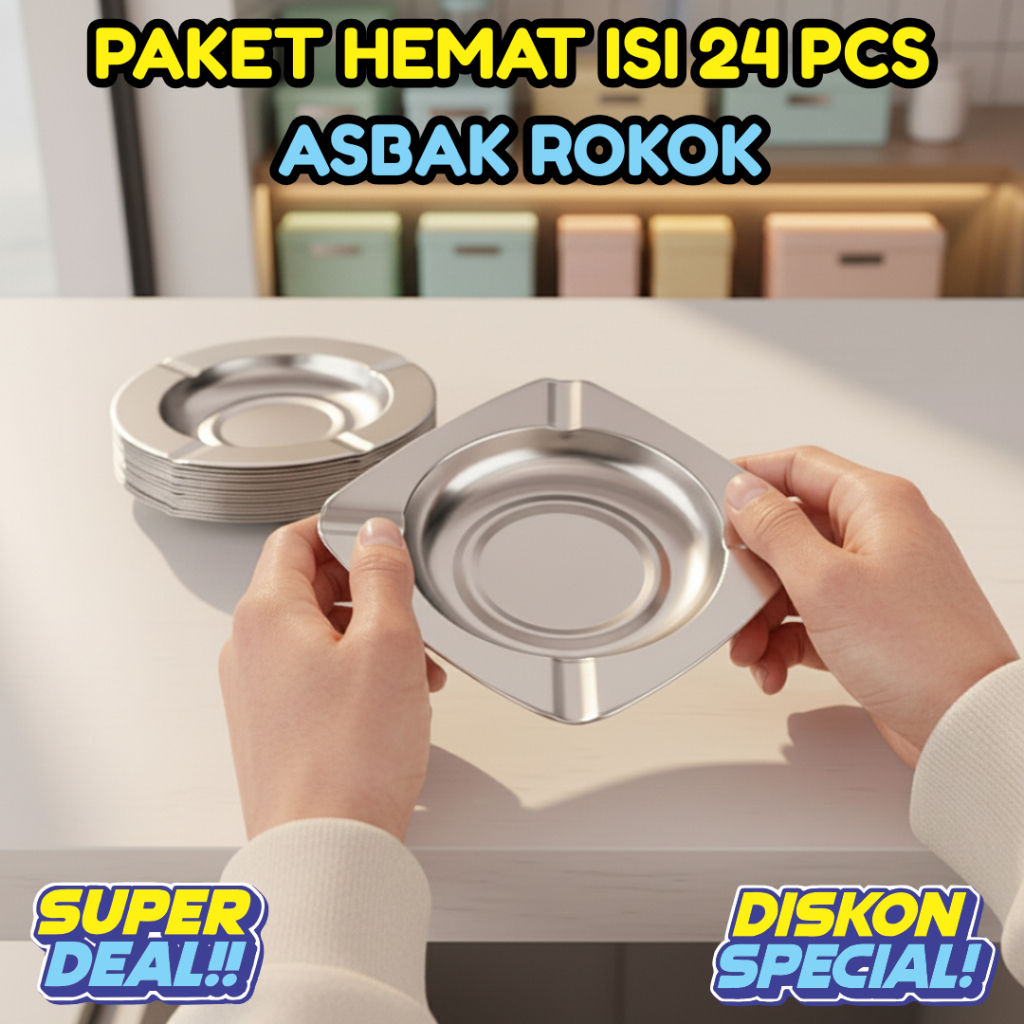 GROSIR PAKET HEMAT isi 24 Asbak Rokok Bulat Segi Stainless Puntung Rokok