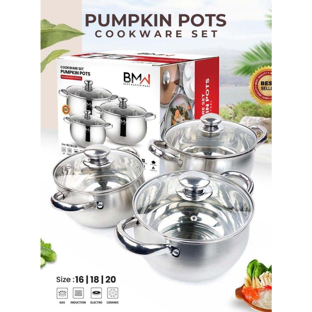 Pumpkin Pots Set - Panci Tutup Kaca Stainless 3 Pcs - Panci Soup Labu Cookware Set
