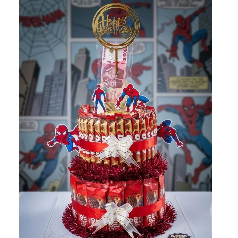 Snack Tower Spiderman 2 Tingkat Bisa Tarik Uang Snack Cake  Hadiah Kado Ulang Tahun Anak Laki-Laki