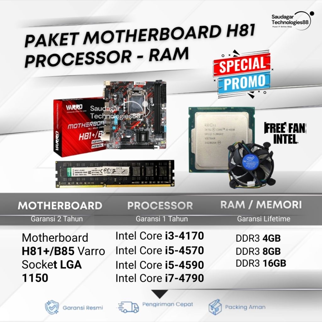 PAKET MOTHERBOARD H81 LGA 1150 SUPPORT M.2 NVME PROCESSOR INTEL CORE I3-4170/I5-4570/I5-4590/I7-4790